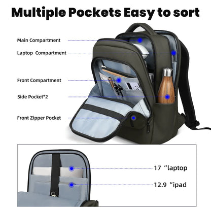 Business Laptop Backpack, Waterproof 17-Inch Bag with USB Port