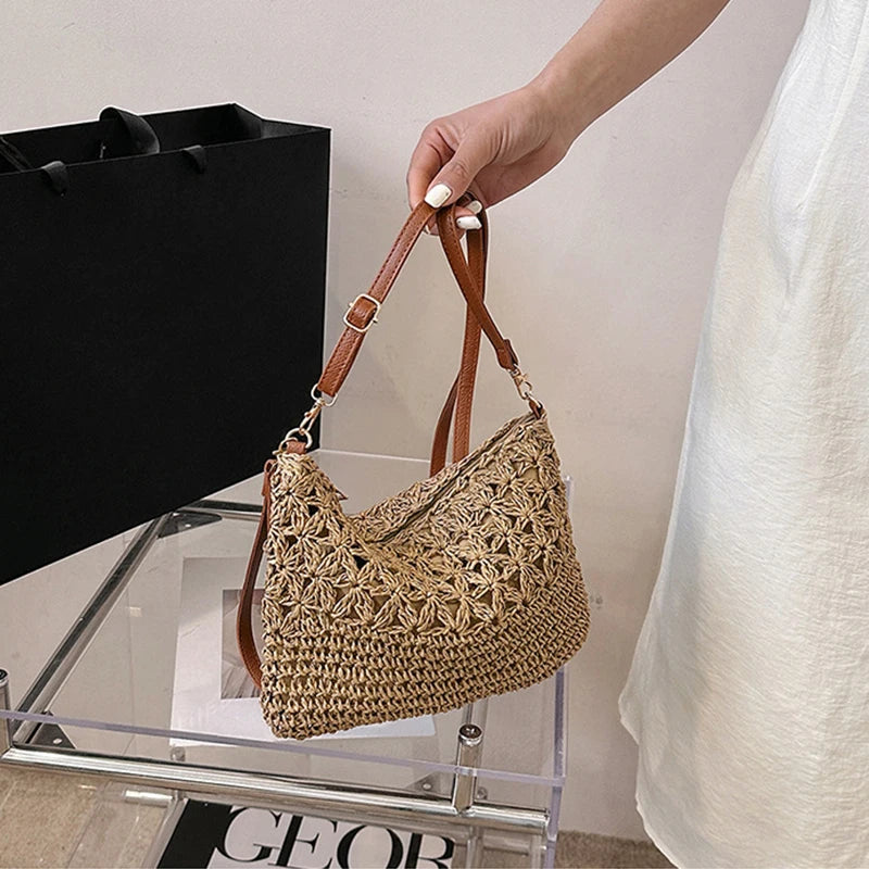 Straw Woven Crossbody Bag – Women's Clutch Purse with Detachable Strap