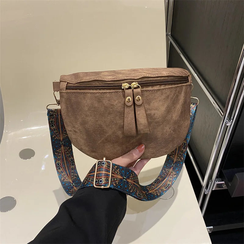 Women's PU Leather Crossbody Bag with Wide Boho Strap