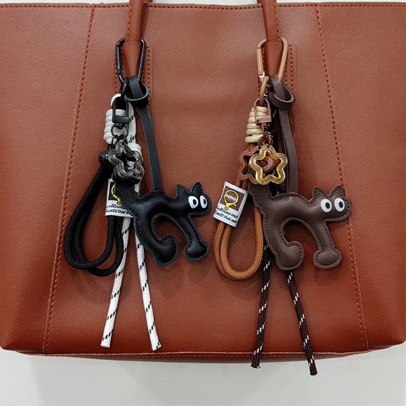 Cat Leather Keychain Charm – Cute Bag Pendant with Rope Lanyard