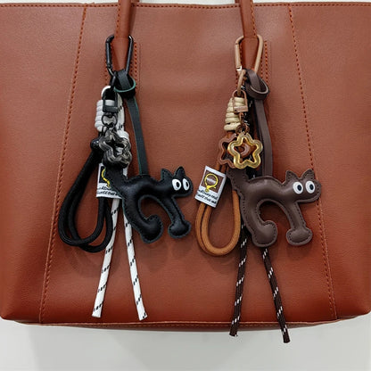 Cat Leather Keychain Charm – Cute Bag Pendant with Rope Lanyard