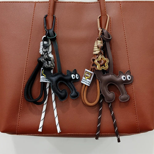 Cat Leather Keychain Charm – Cute Bag Pendant with Rope Lanyard