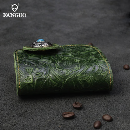 Handmade Genuine Leather Short Wallet – Floral Embossed Men's Bifold