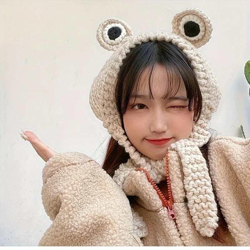 Frog Beanie Hat – Cute Knit Winter Cap with 3D Eyes & Ear Flaps