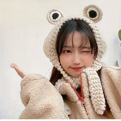 Frog Beanie Hat – Cute Knit Winter Cap with 3D Eyes & Ear Flaps