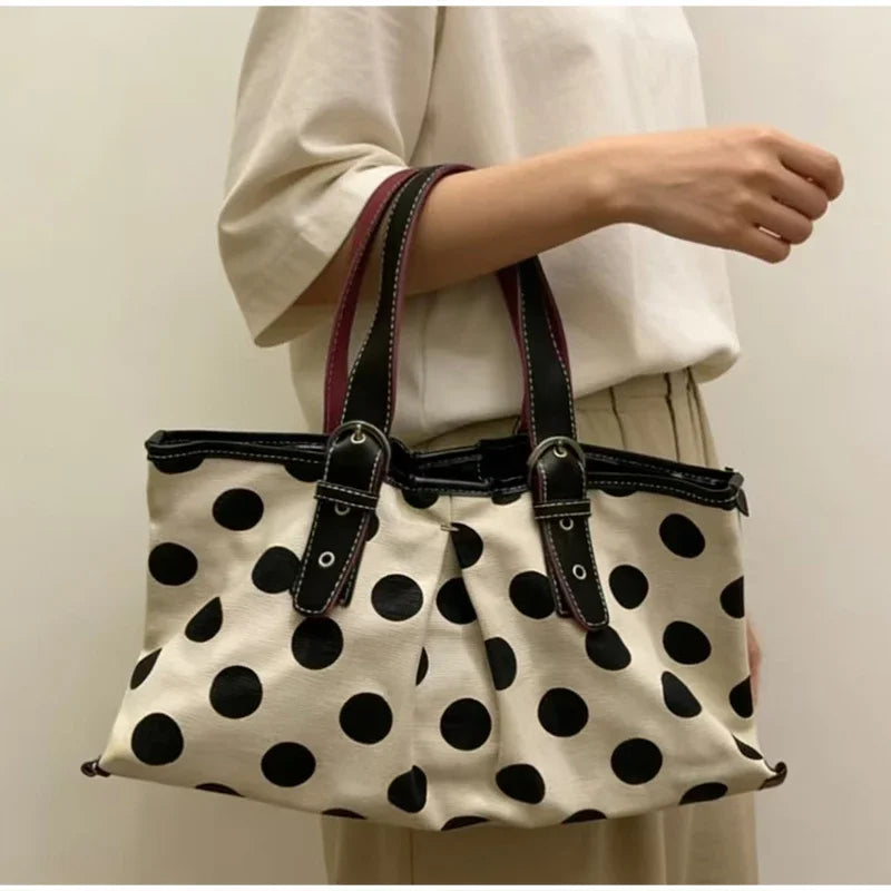 Y2K Polka Dot Shoulder Bag – Retro Satin Tote Handbag