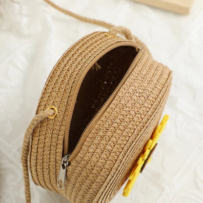Sunflower Round Straw Crossbody Bag for Women