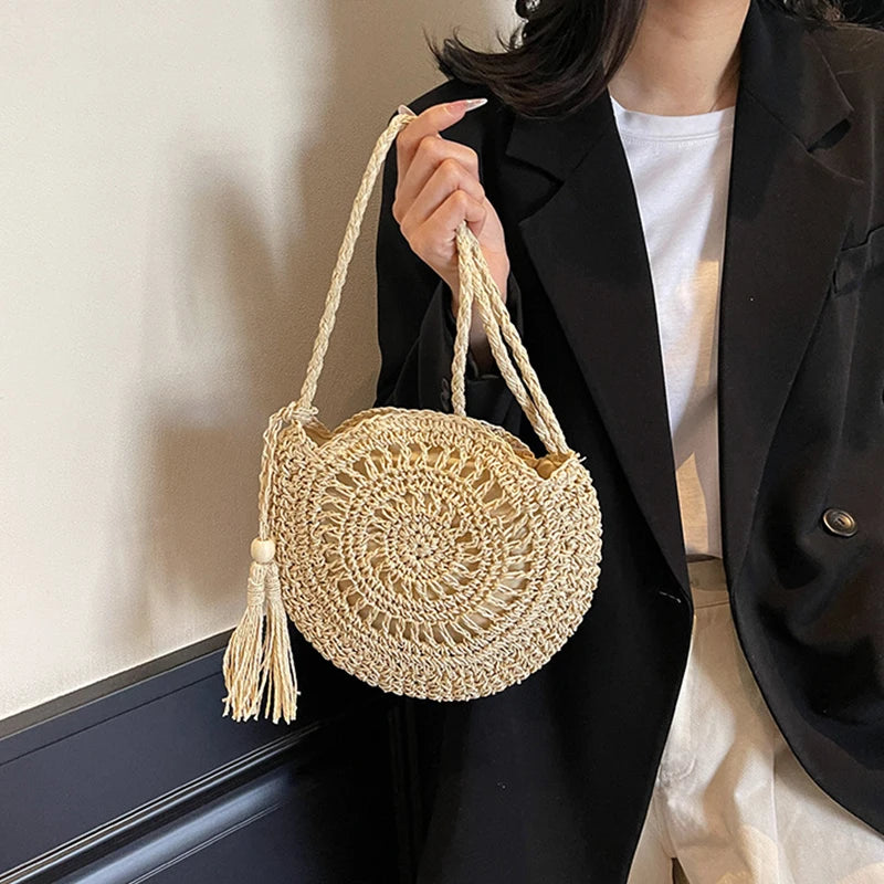 Round Rattan Straw Shoulder Bag with Tassel – Handmade Beach Crossbody