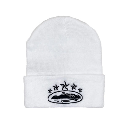 Winter Knitted Beanie Hat – Star & Ship Embroidery Warm Cap