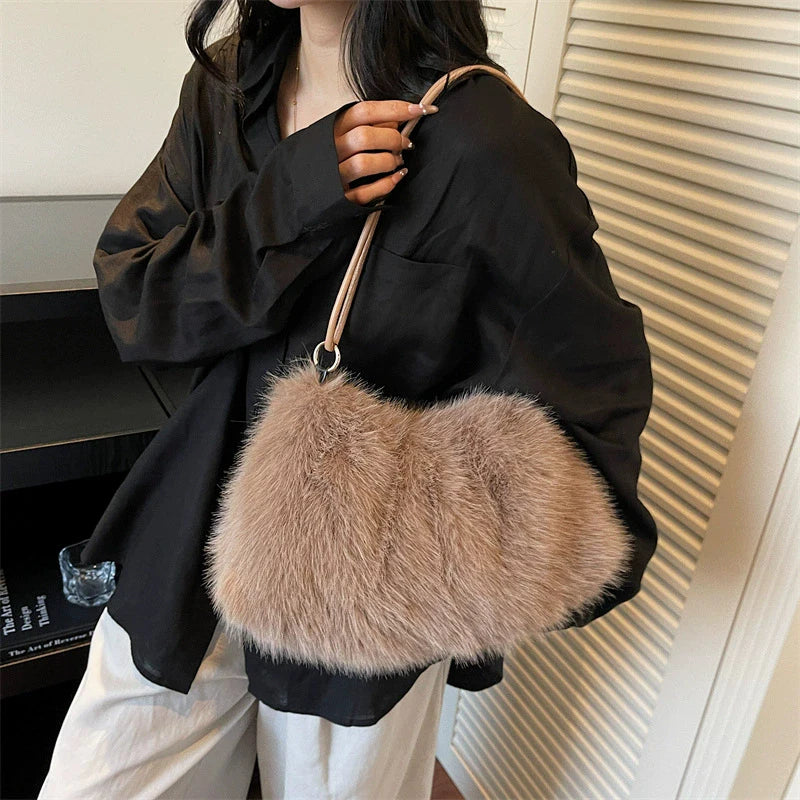 Faux Fur Plush Shoulder Bag – Women's Luxury Tote Handbag