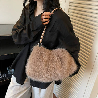 Faux Fur Plush Shoulder Bag – Women's Luxury Tote Handbag