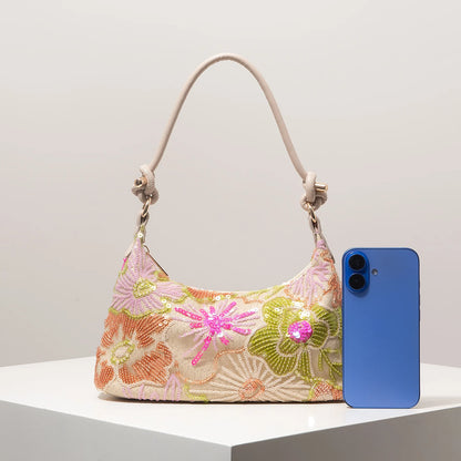 Sequin Floral Embroidery Shoulder Bag for Women