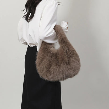 Faux Fur Top Handle Bag for Women – Fluffy Wrist Knot Mini Tote