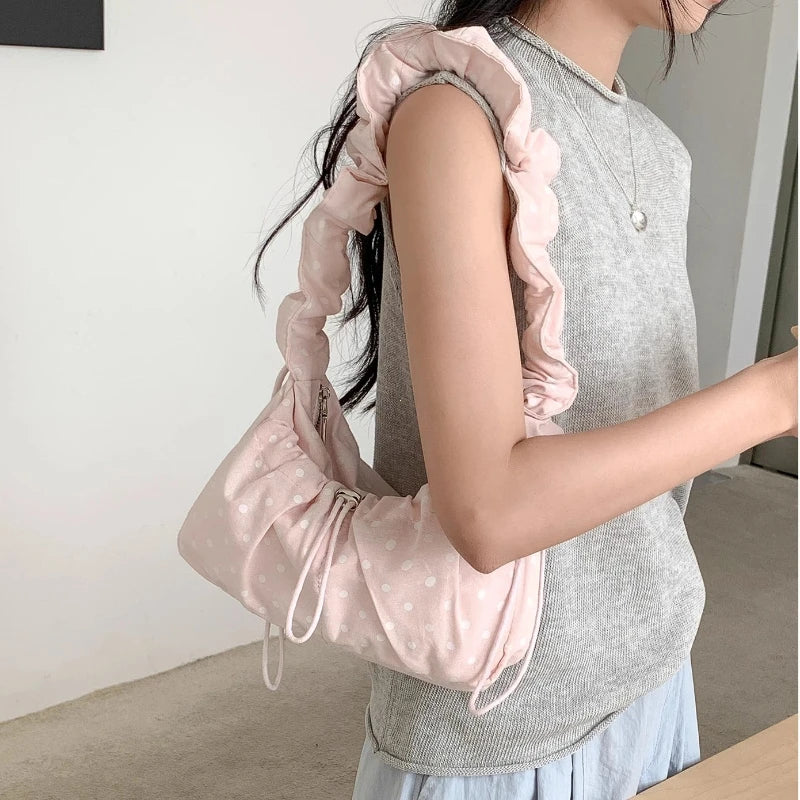Polka Dot Shoulder Bag – Retro Drawstring Pleated Crossbody