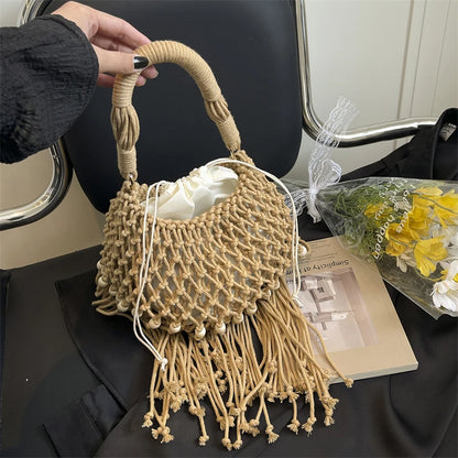 Moods Boho Style Shoulder Basket Bags Women 2-In-1 Yarn Knitted Drawstring Bucket Handbags Summer