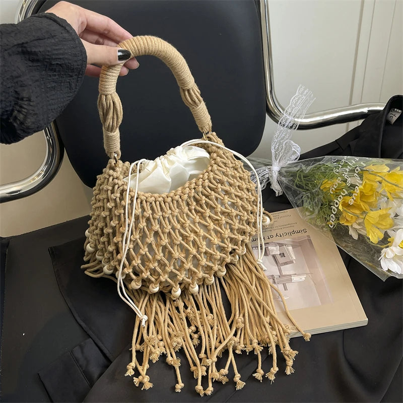 Moods Boho Style Shoulder Basket Bags Women 2-In-1 Yarn Knitted Drawstring Bucket Handbags Summer