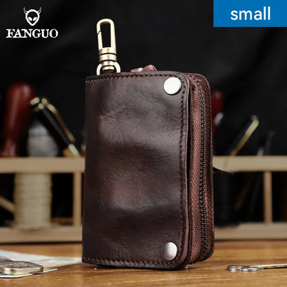 Genuine Leather Key Wallet for Men – Handmade Zipper Key Organizer with Card Slot