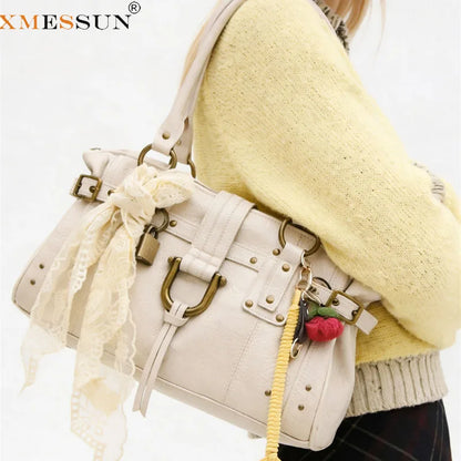 Retro Rivet Shoulder Bag with Padlock & Large Capacity
