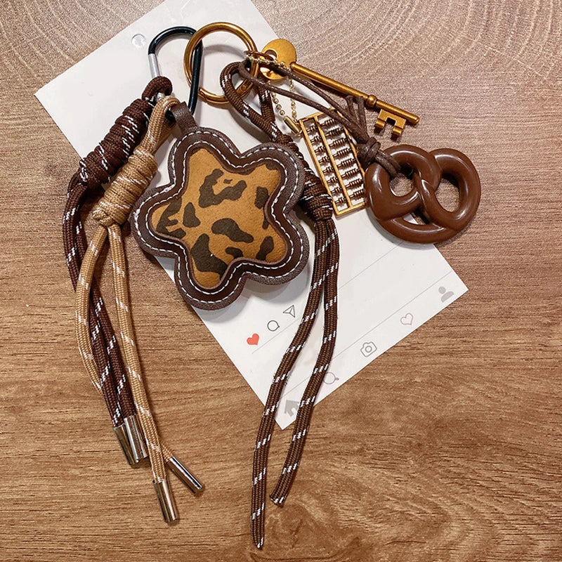 Leopard Print Flower Keychain Bag Charm with Pearl & Braided Rope