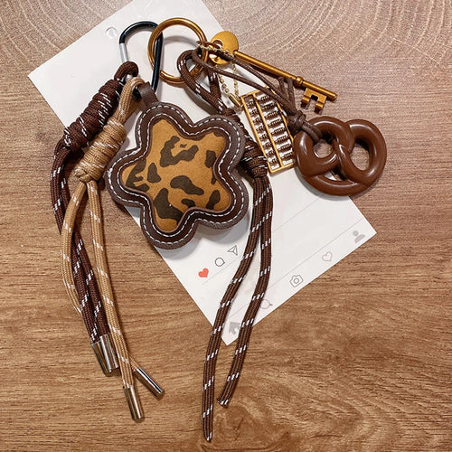 Leopard Print Flower Keychain Bag Charm with Pearl & Braided Rope