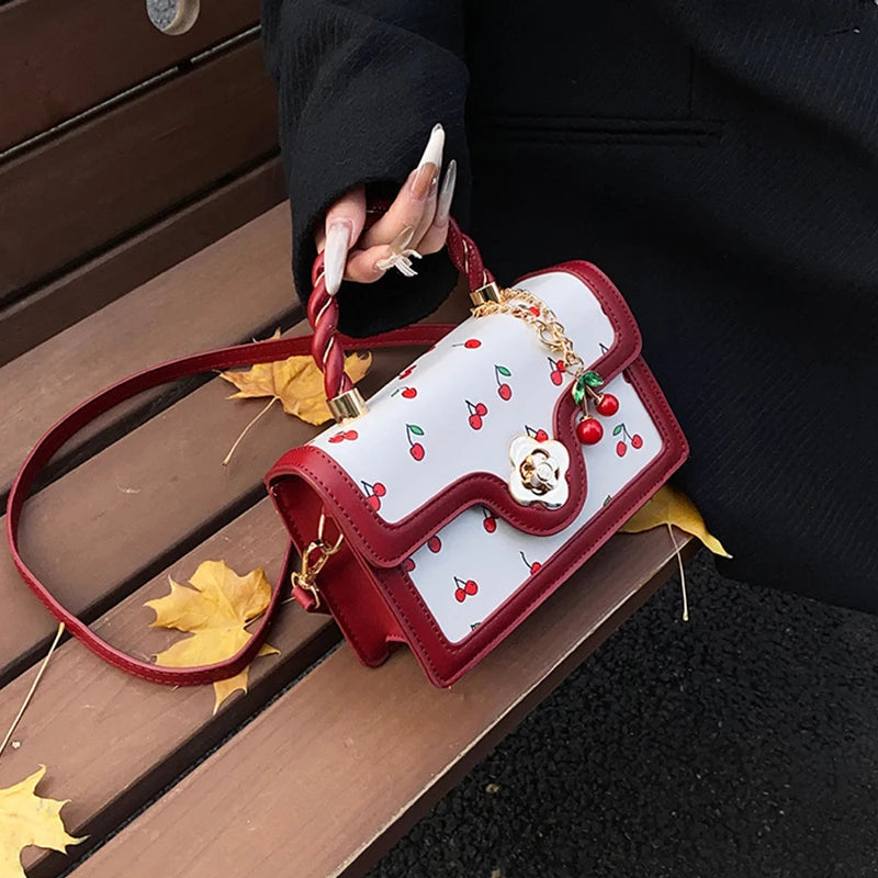 Cherry Print Crossbody Bag with Twisted Top Handle