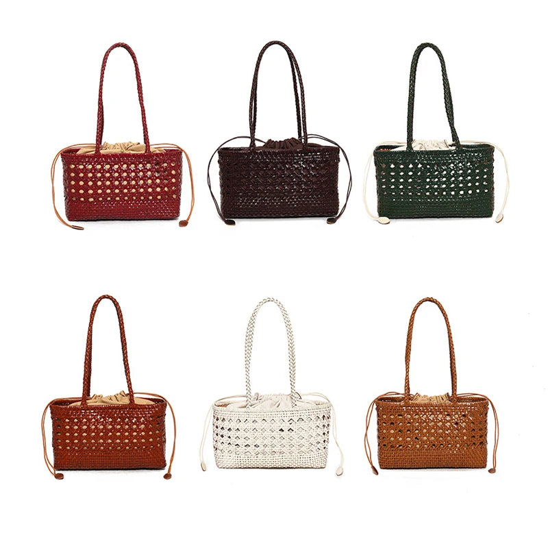 Handmade Woven Leather Tote Bag – Hollow Drawstring Shoulder Bag