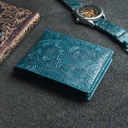 Handmade Floral Embossed Leather Wallet with Card & Coin Slots
