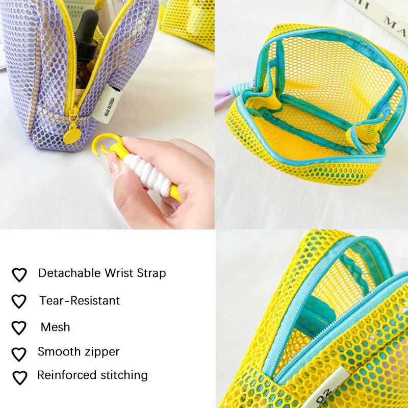 Mesh Beach Pouch with Wrist Strap – Clear Travel Cosmetic Bag