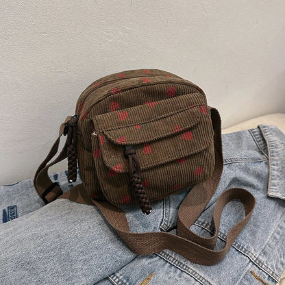 Corduroy Crossbody Bag – Cute Strawberry Print Women's Shoulder Bag
