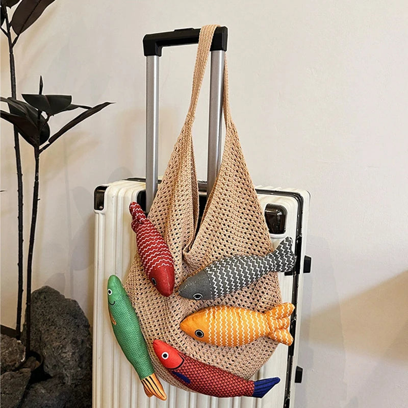 Fish Knit Tote Bag – Crochet Shoulder Bag with 3D Fish