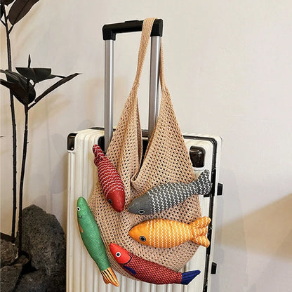 Fish Knit Tote Bag – Crochet Shoulder Bag with 3D Fish