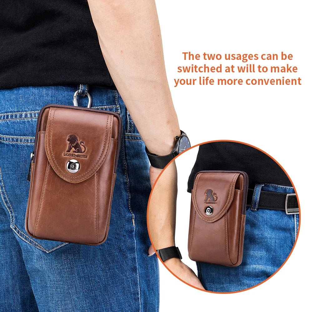 Genuine Leather Men's Belt Waist Bag with Phone Holder