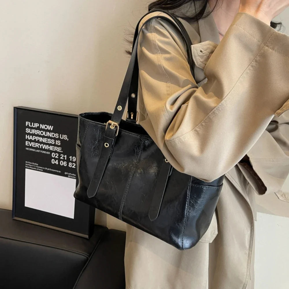 PU Leather Tote Bag Retro Large Capacity Women's Shoulder Bag