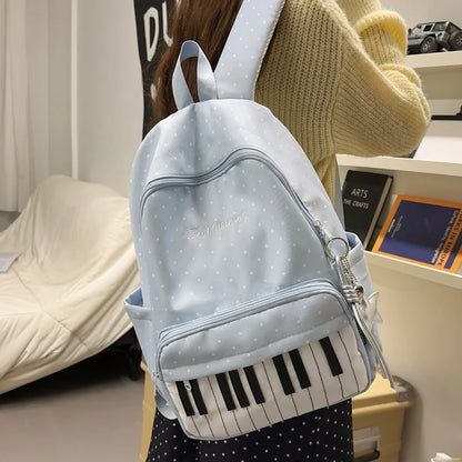 Cute Piano Key Print Backpack Women Polka Dot Music Theme School Bag Stylish Star Charm Student