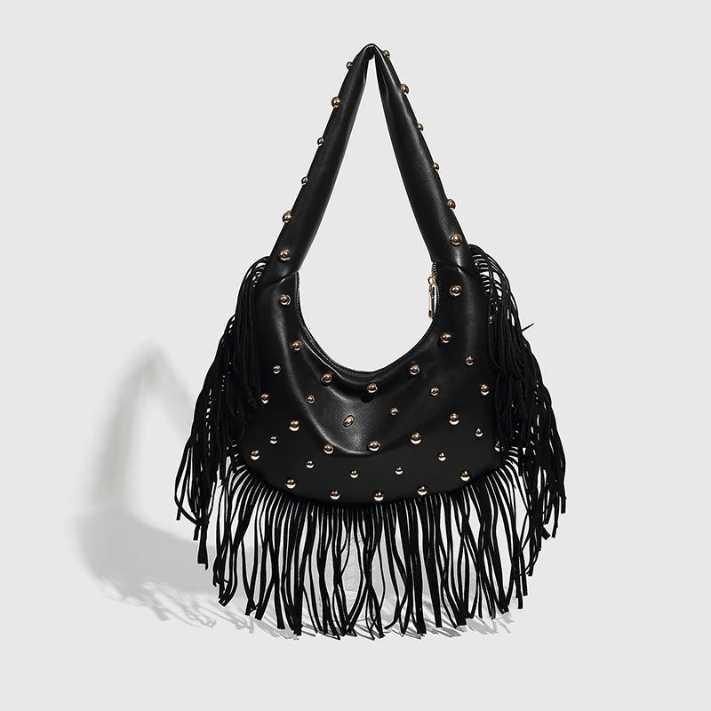 Fringe & Rivet Leather Shoulder Bag – Boho Crossbody Hobo