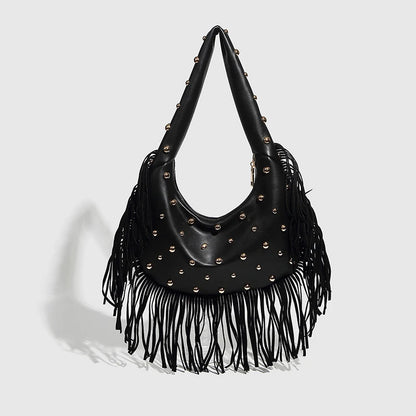 Fringe & Rivet Leather Shoulder Bag – Boho Crossbody Hobo
