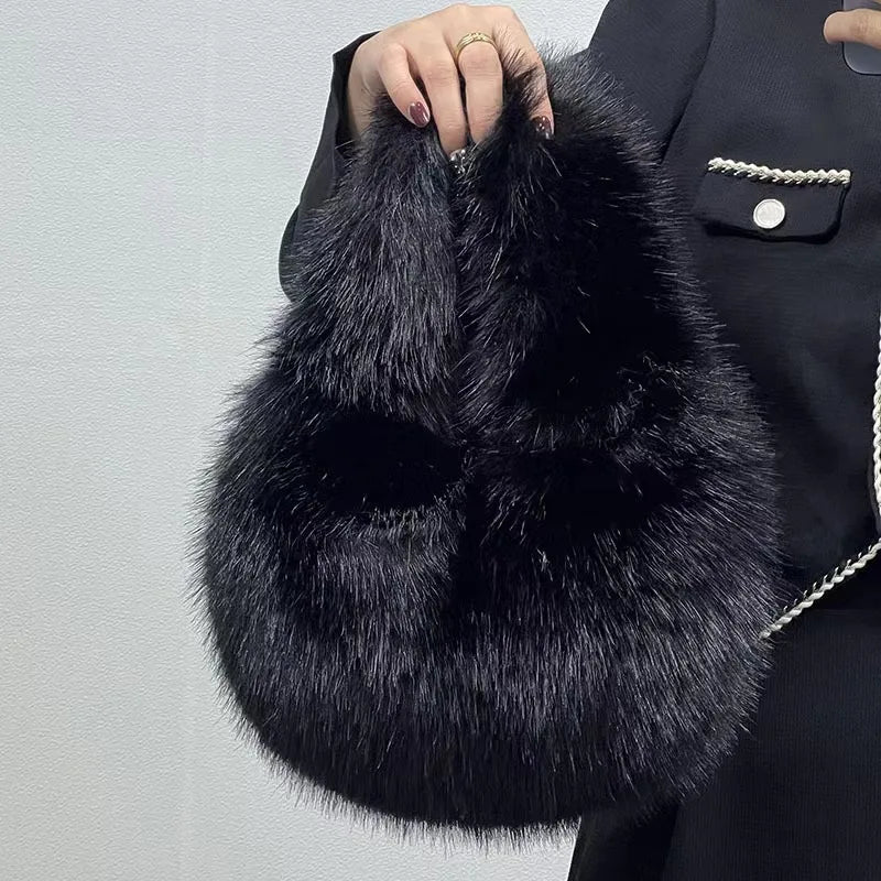 Faux Fur Half Moon Bag for Women – Fluffy Mini Tote Handbag
