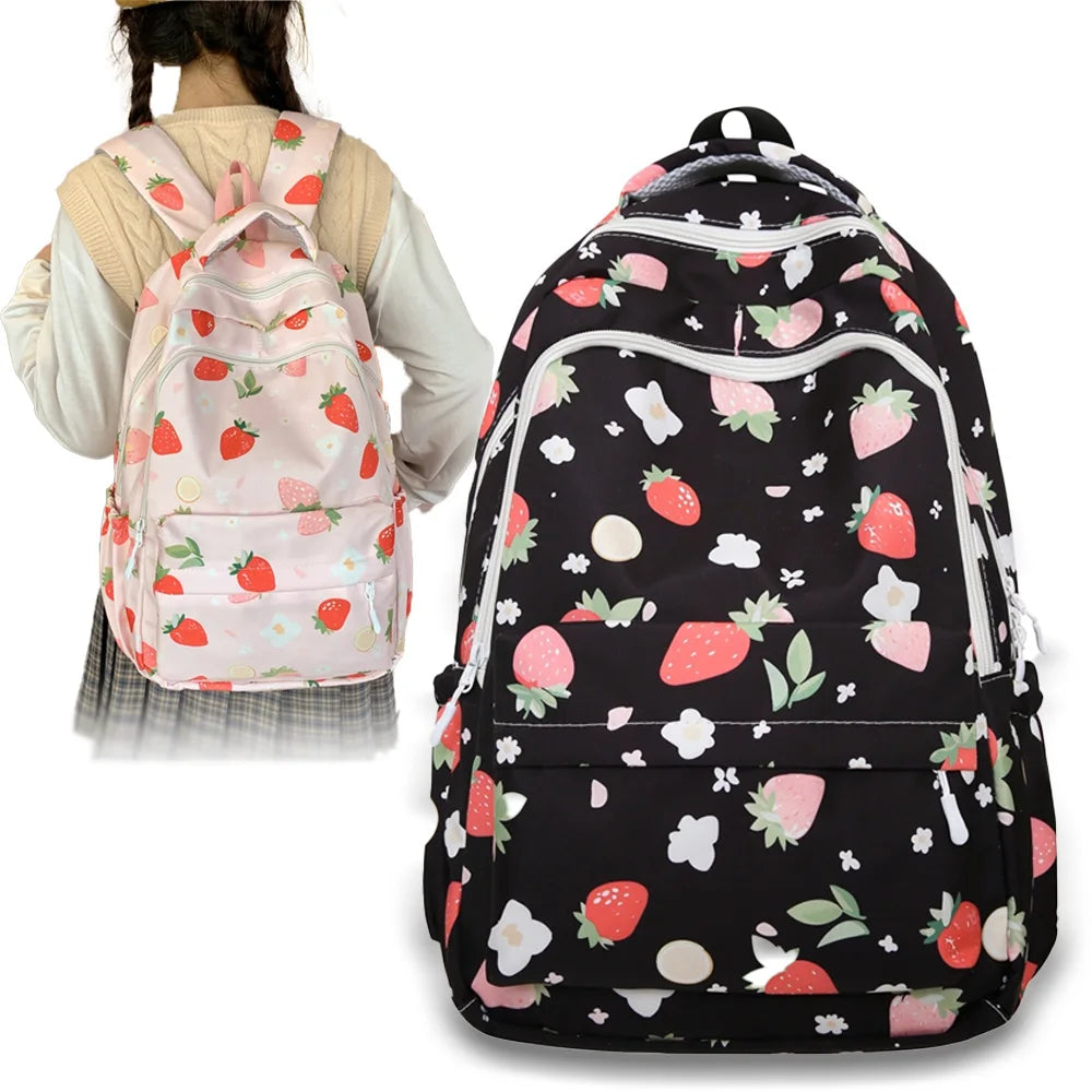 Strawberry Print Nylon Backpack – Cute Lightweight School Bag