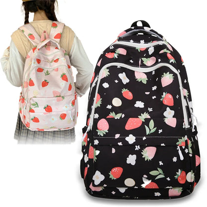Strawberry Print Nylon Backpack – Cute Lightweight School Bag