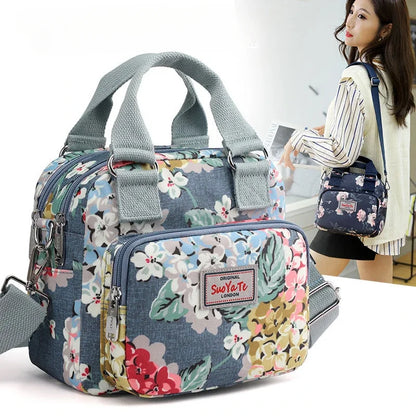 Floral Nylon Crossbody Bag – Women's Multi-Pocket Shoulder Bag