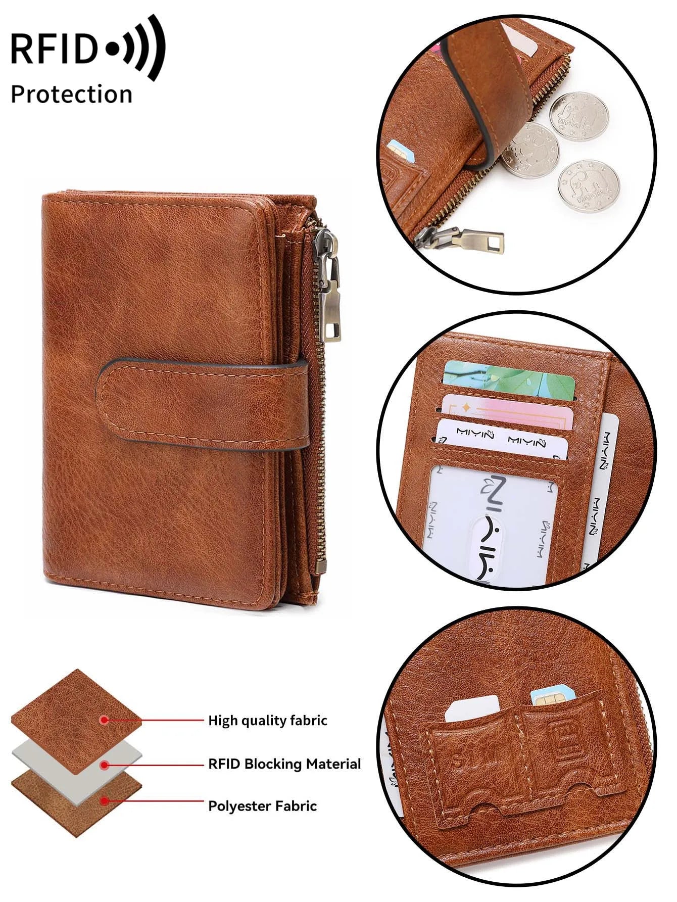 RFID Anti-Theft Women's Wallet – Retro Trifold Coin Purse with Zipper Closure