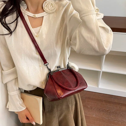 Moods Retro Style Top-Handle Bags Women Kiss Lock Pure Color Pu Leather Shoulder Crossbody Bag