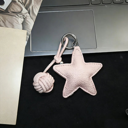 Star Leather Keychain Bag Charm with Woven Ball