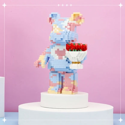 Kawaii Teddy Bear with Rose Bouquet Micro Building Blocks Set – 1090 Pieces