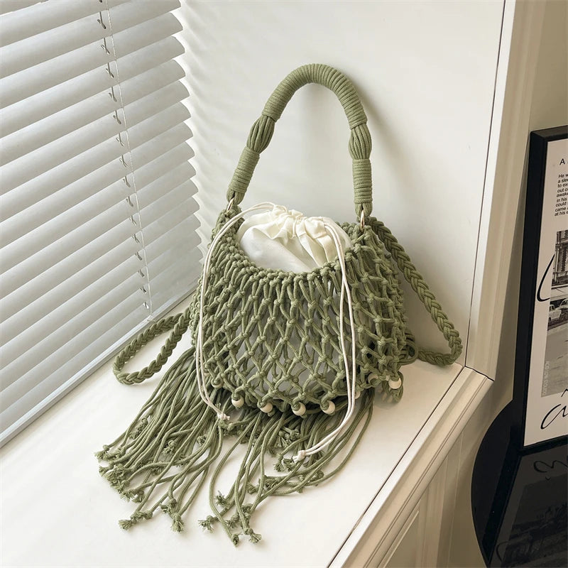 Moods Boho Style Shoulder Basket Bags Women 2-In-1 Yarn Knitted Drawstring Bucket Handbags Summer