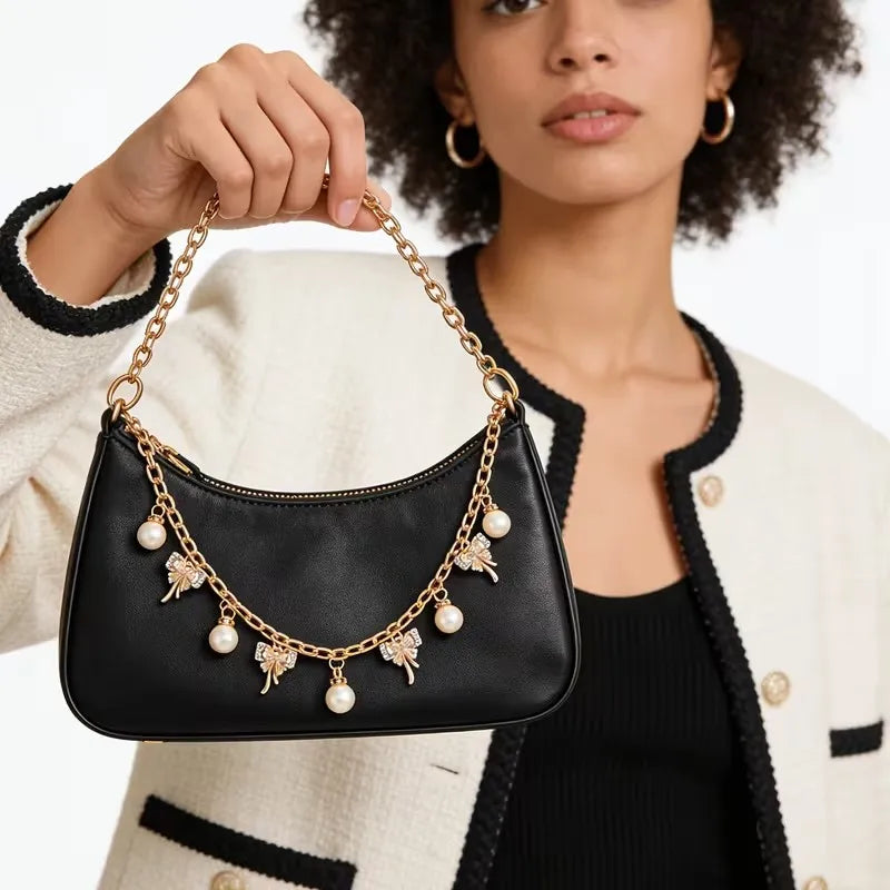 Pearl Bow Bag Charm Chain Strap – Gold Tote Handle Accessory
