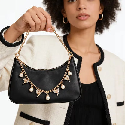Pearl Bow Bag Charm Chain Strap – Gold Tote Handle Accessory