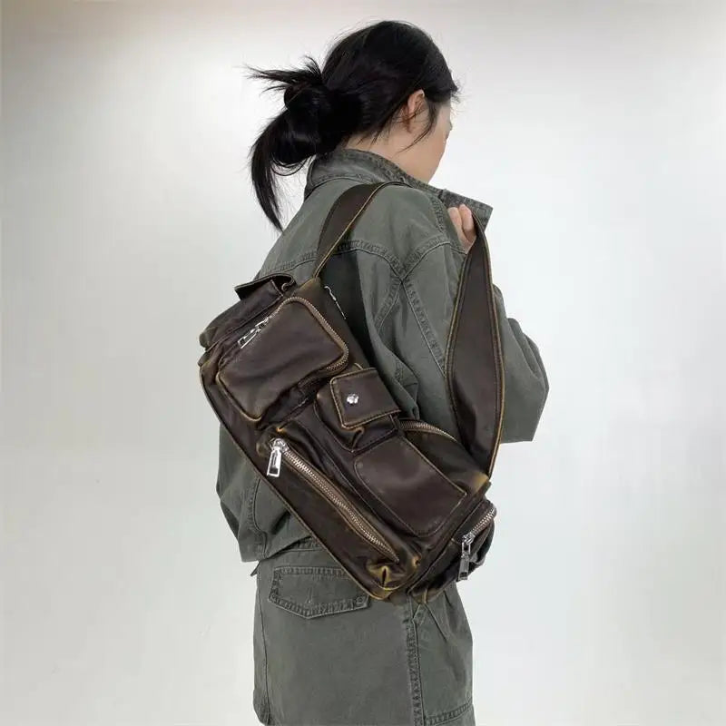 Hobo Crossbody Bag – Y2K Washed Leather Multi-Pocket Women's Bag