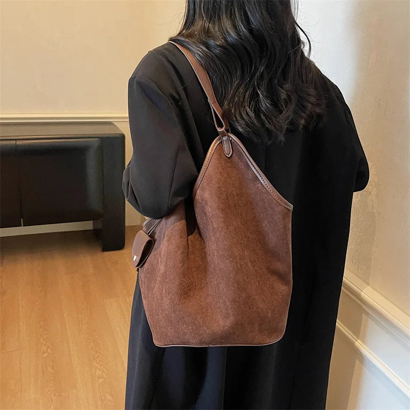 Suede Shoulder Tote Bag – Retro Large Capacity Women's Handbag
