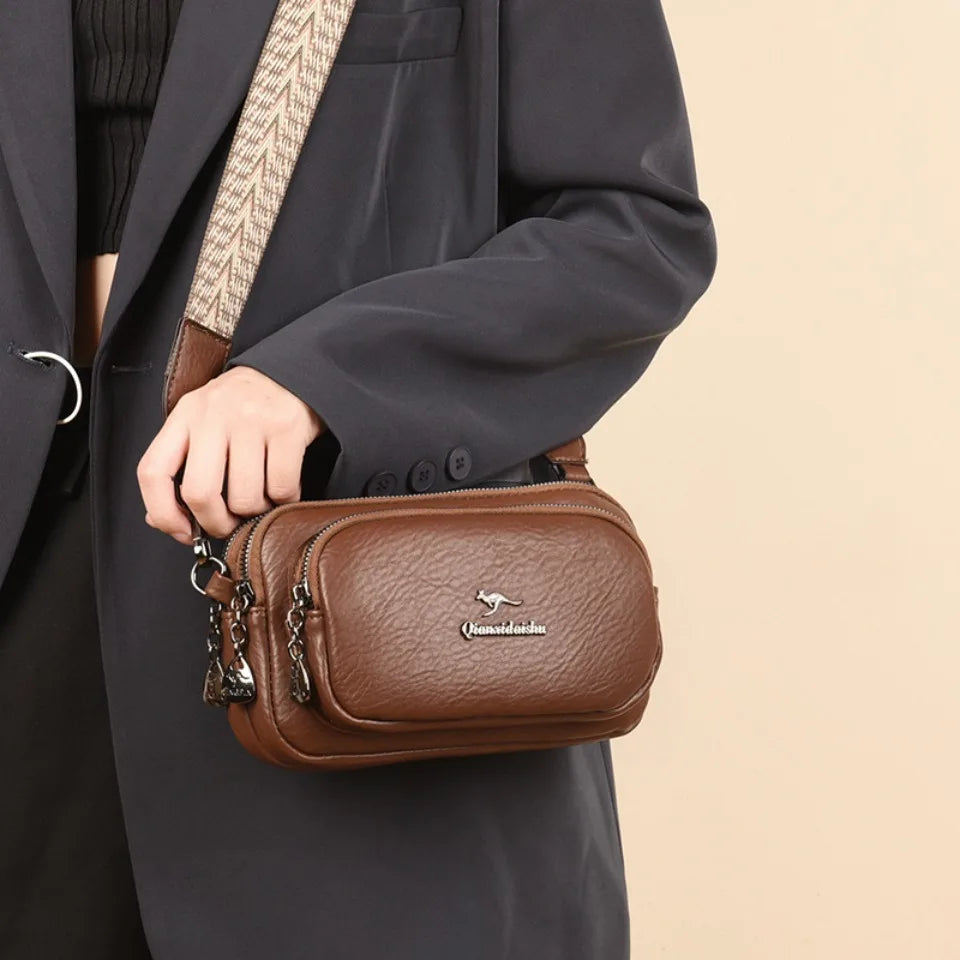 Soft Leather Women's Crossbody Bag with Wide Boho Strap